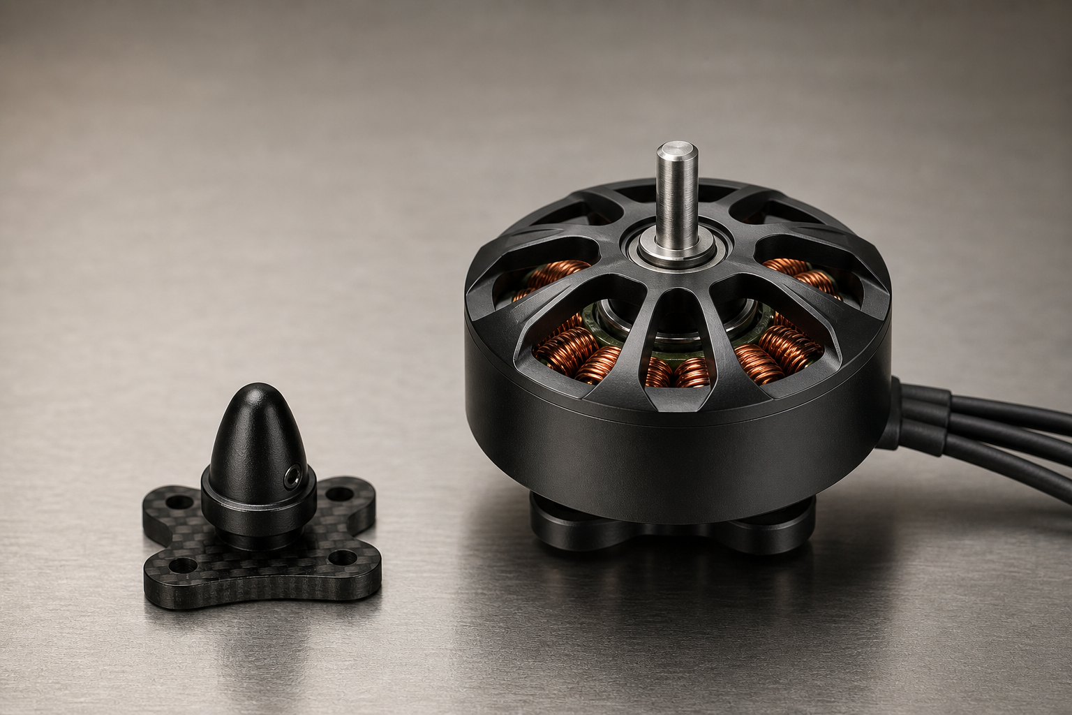 3210 brushless drone motor prototype on a workshop surface